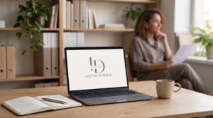 Una toma cinematográfica en primer plano de una mesa de oficina de madera clara, con enfoque nítido en un ordenador portátil de color gris oscuro, que muestra el logotipo 'ID IVETTE DITRÉN' en su pantalla. Junto al portátil, se aprecian un cuaderno abierto con un bolígrafo y una taza de cerámica beige de la que se desprende vapor. Al fondo, visiblemente borrosa e integrando el entorno con un marcado desenfoque de cámara (bokeh), una mujer con cabello rizado se encuentra sentada y girada hacia una ventana, en actitud pensativa mientras sostiene unos papeles. Completan el espacio una estantería de madera con archivadores, libros y plantas de interior, iluminada por una suave luz natural.