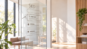 Panel de cristal con un esquema de resultados de búsqueda y una empresa destacada mediante SEO, en una oficina luminosa de tonos neutros.