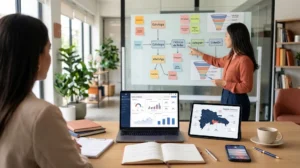 Consultora de estrategia digital explicando diagramas de flujo de redes sociales y métricas de rendimiento en una oficina moderna.